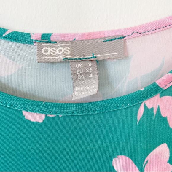 ASOS Turquoise Green and Pink Floral Ruched Ruffle Midi Dress 4 - Picture 8 of 8